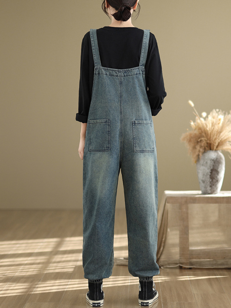 Loose Fit Women's Denim Overalls with Three Dimensional Pockets