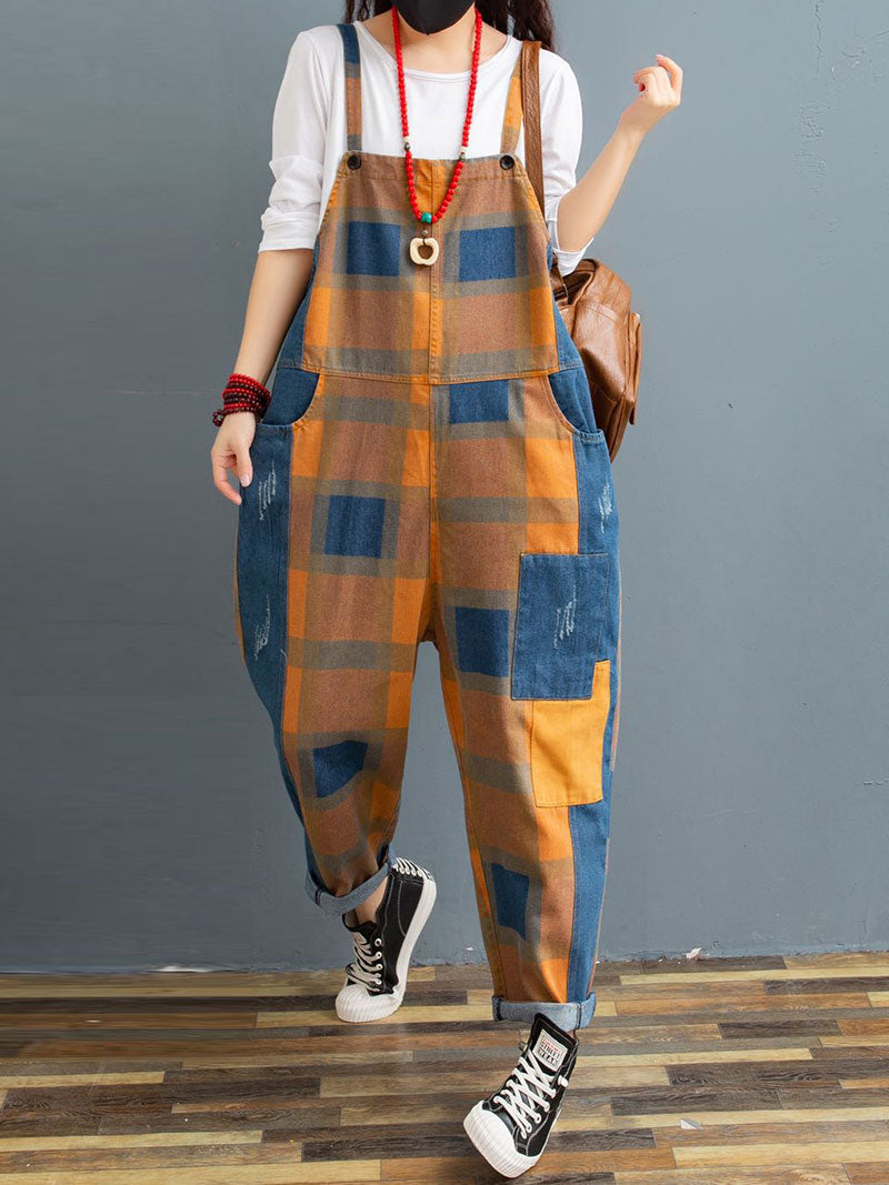 Patchwork Check Denim Dungarees | Rolled-Hem Utility Fit