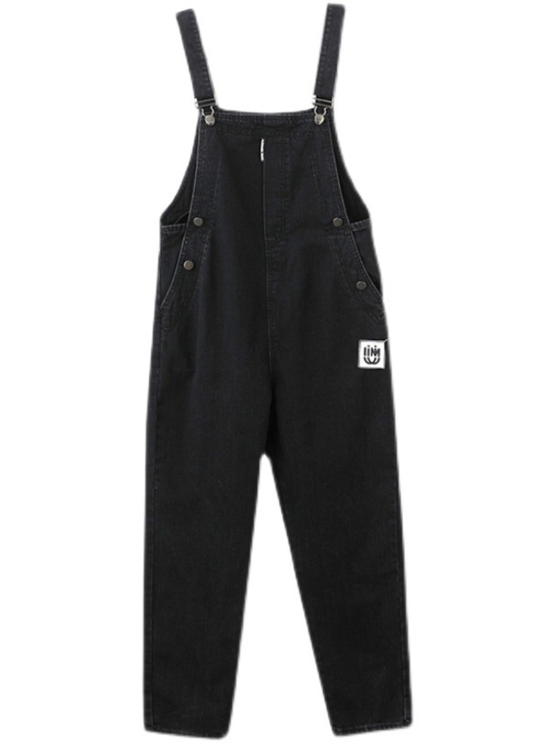 Women's Black Denim Overalls with Side Button Closure