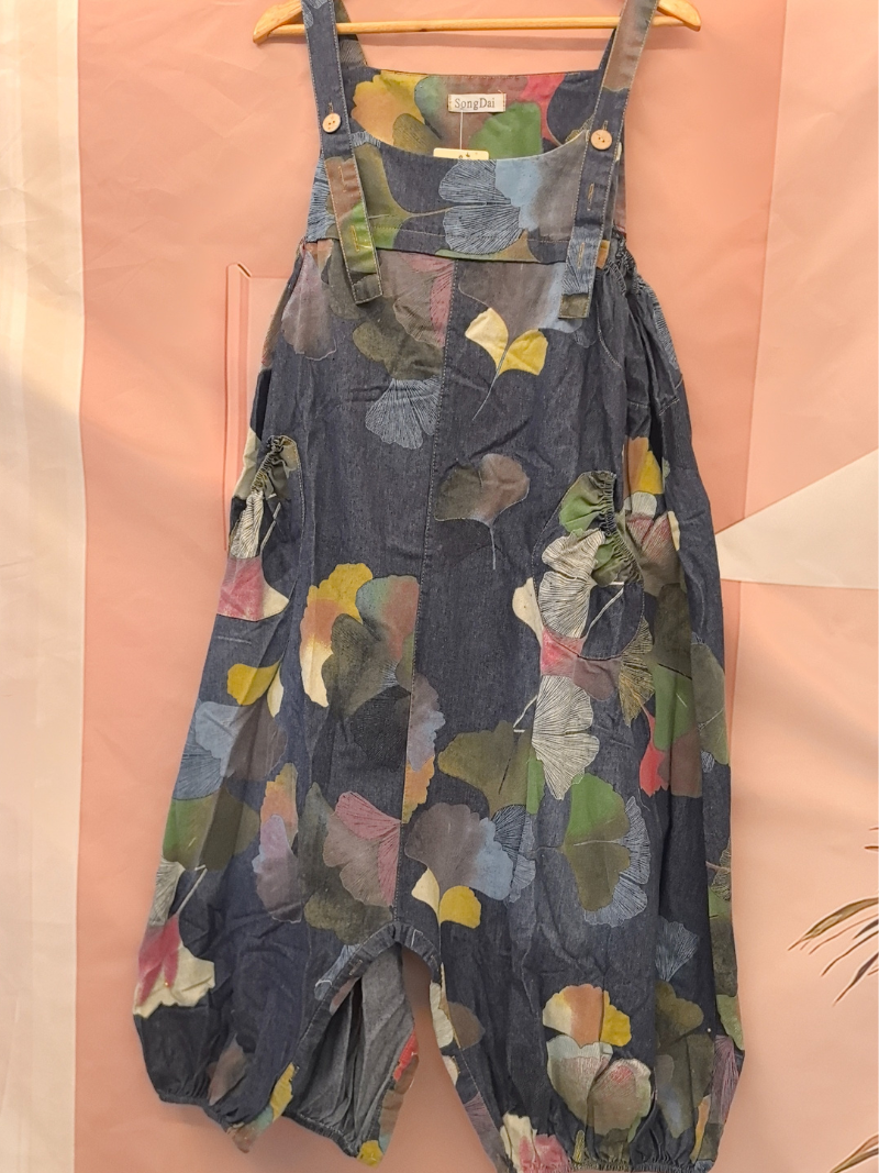 Flowy & Artistic Leaf Print Denim Dungarees for Women | Eva trends