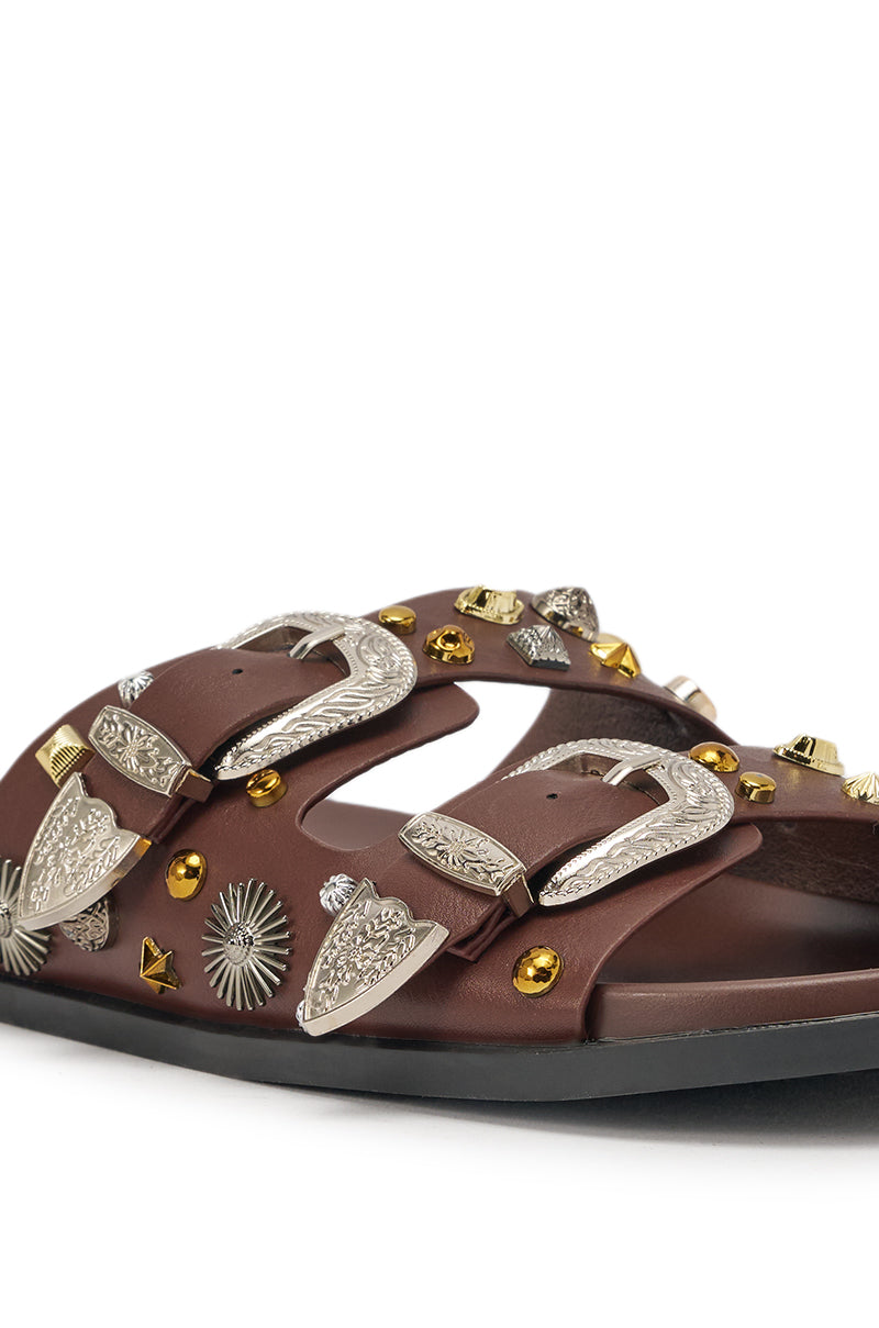 AKIRA BARCLAY BROWN METAL EMBELLISHED SLIP ON FLAT SANDAL