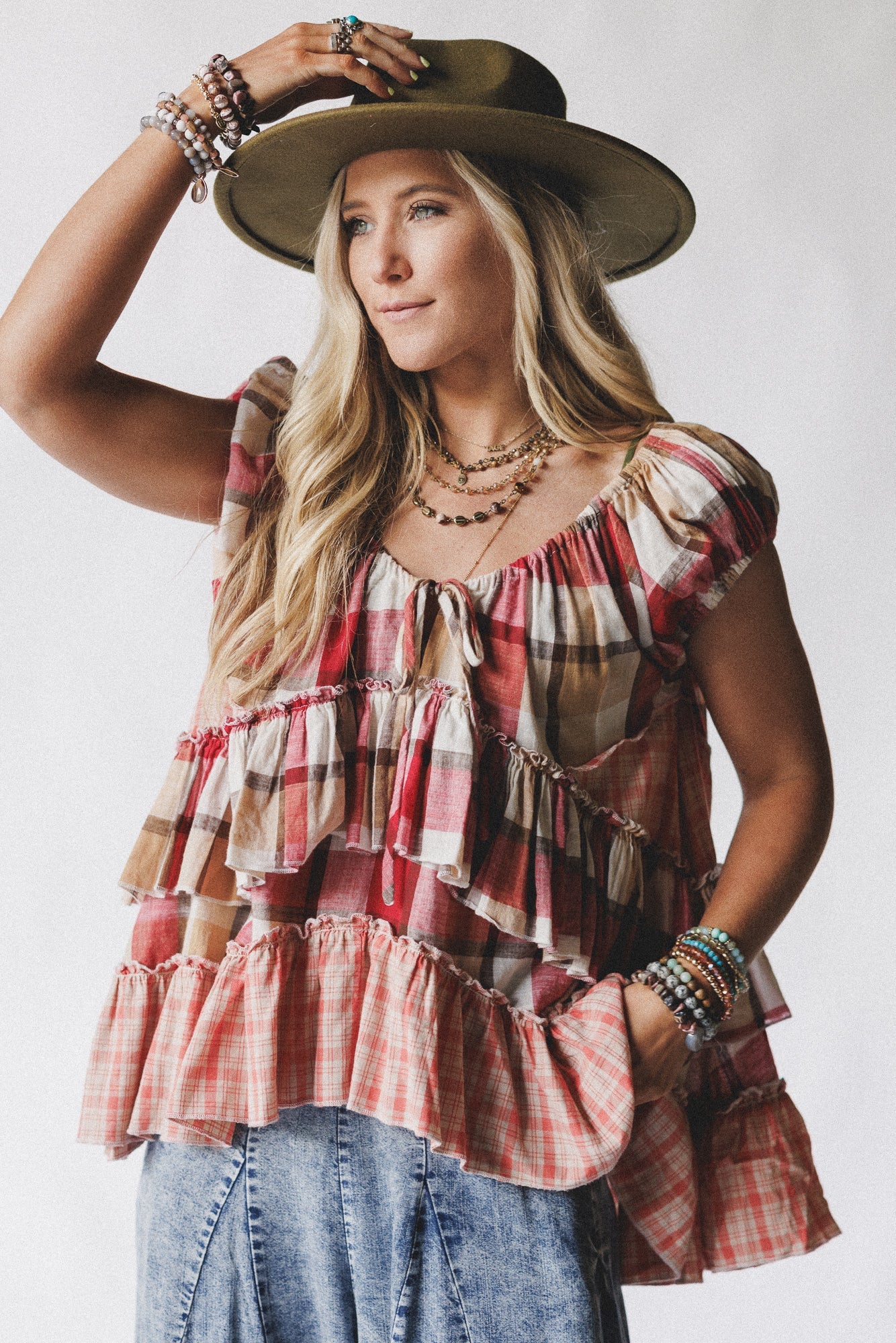Clover Stitch Plaid Top - Pink - Pre Order