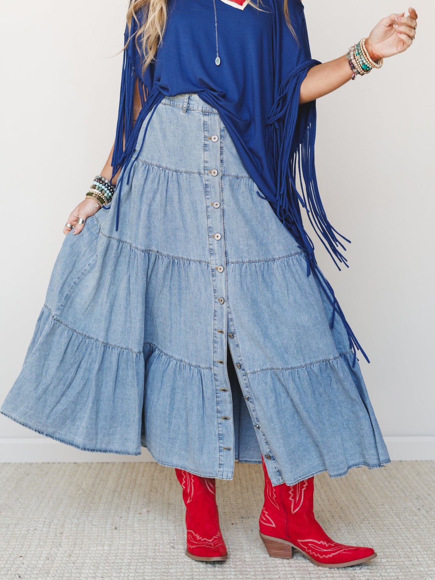 Country Mart Tiered Maxi Skirt - Denim - Pre Order