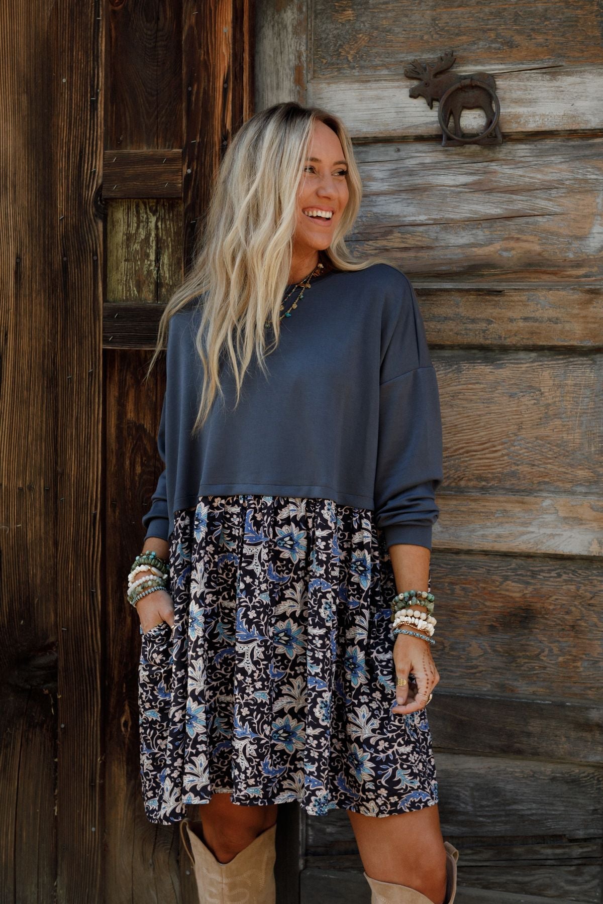Cozy Blooms Contrast Dress - Navy Multi - Pre Order