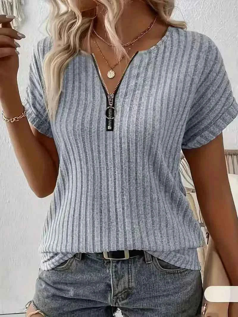 Women's Zipper Stripe Short Sleeve T-Shirt 2025 Fashion Casual Top for Ladies