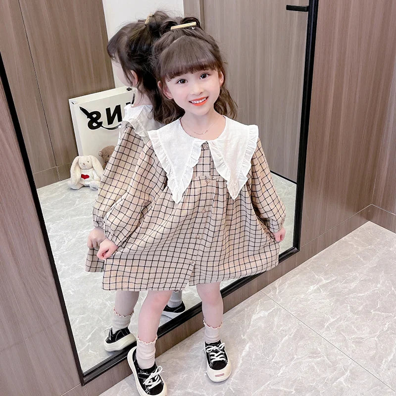 Autumn/Winter Girls' Dress Lapel Lace Lace Pleated Plaid/Solid Color Puffy Sleeve Garden Cotton And Linen Dress (Girls 0-3 Years