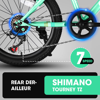 20" Kids Mountain Bike | Ages 6-12 | 7-Speed Shimano, Disc Brake & Front Suspension