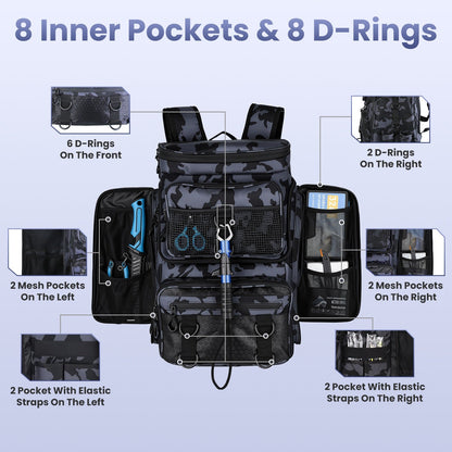 42L Fishing Backpack with Rod Holders & 16 Pockets – Water-Resistant