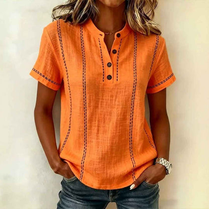 Women's Striped Short-Sleeve V-Neck Button Blouse – Minimalist Casual Top