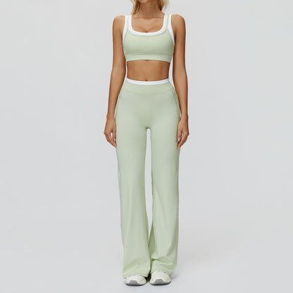 Women's Contrast Sports Bra & Leggings or Wide-Leg Flared Pants Set – Active Workout Set
