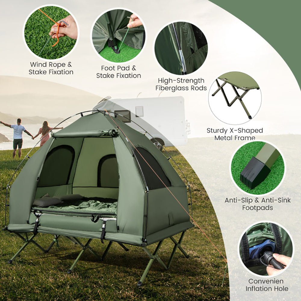 5-in-1 Camping Tent Cot with Air Mattress & Sleeping Bags — 2 Person