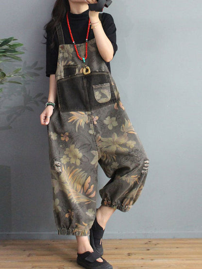 Botanical Print Denim Dungarees - Gathered Cuff Fit