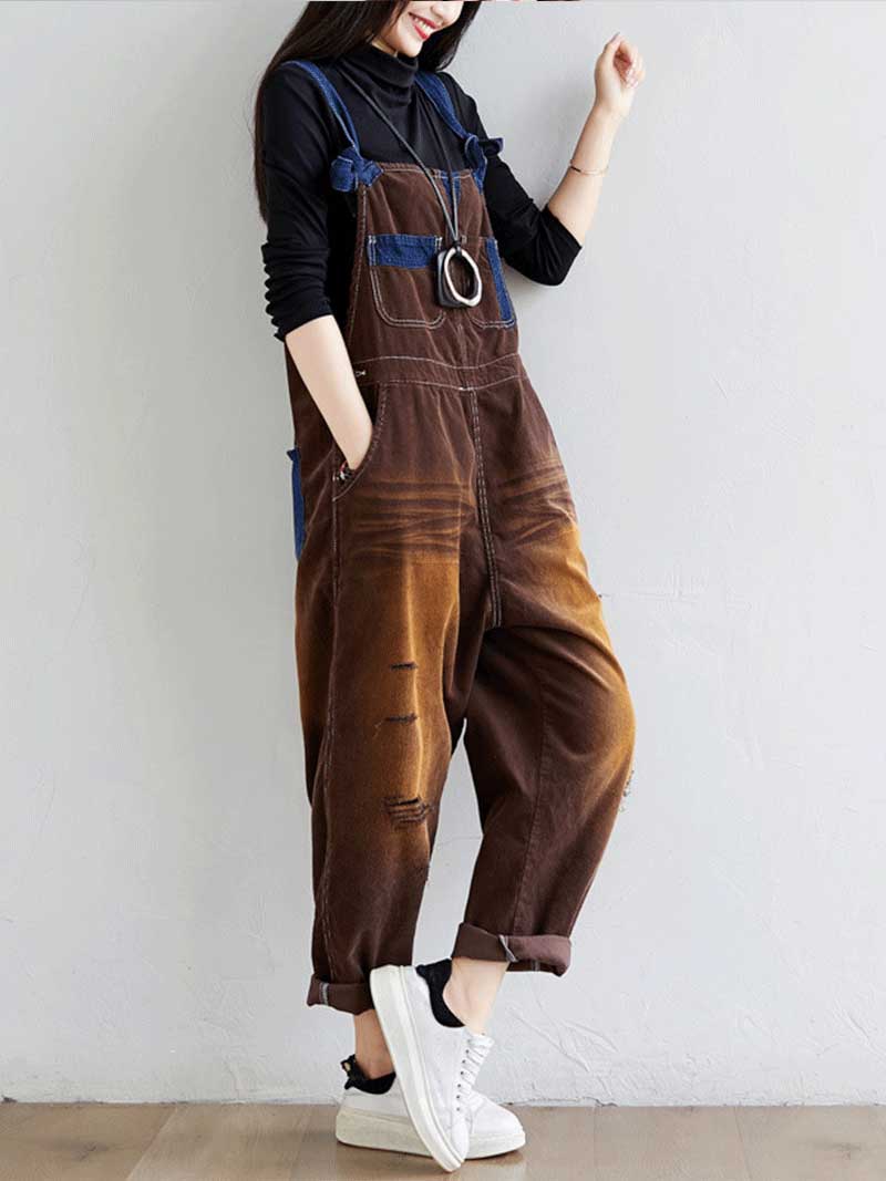 Vintage Washed Denim Dungarees with Knot Straps & Rolled Cuffs