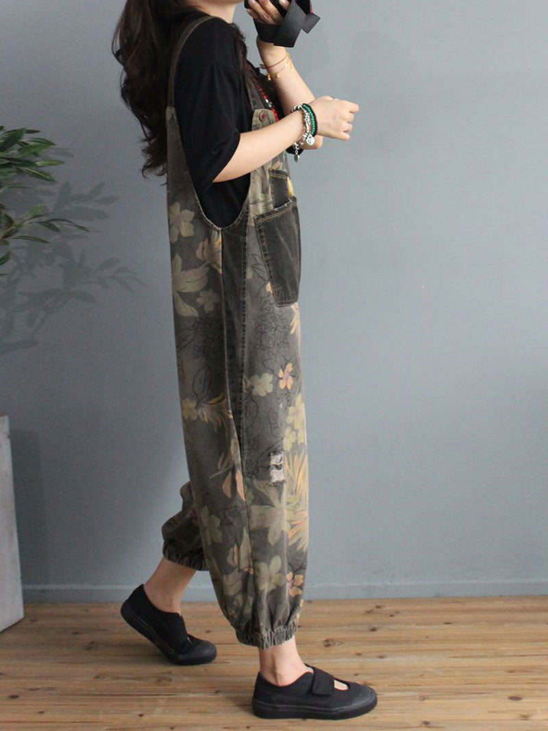 Botanical Print Denim Dungarees - Gathered Cuff Fit