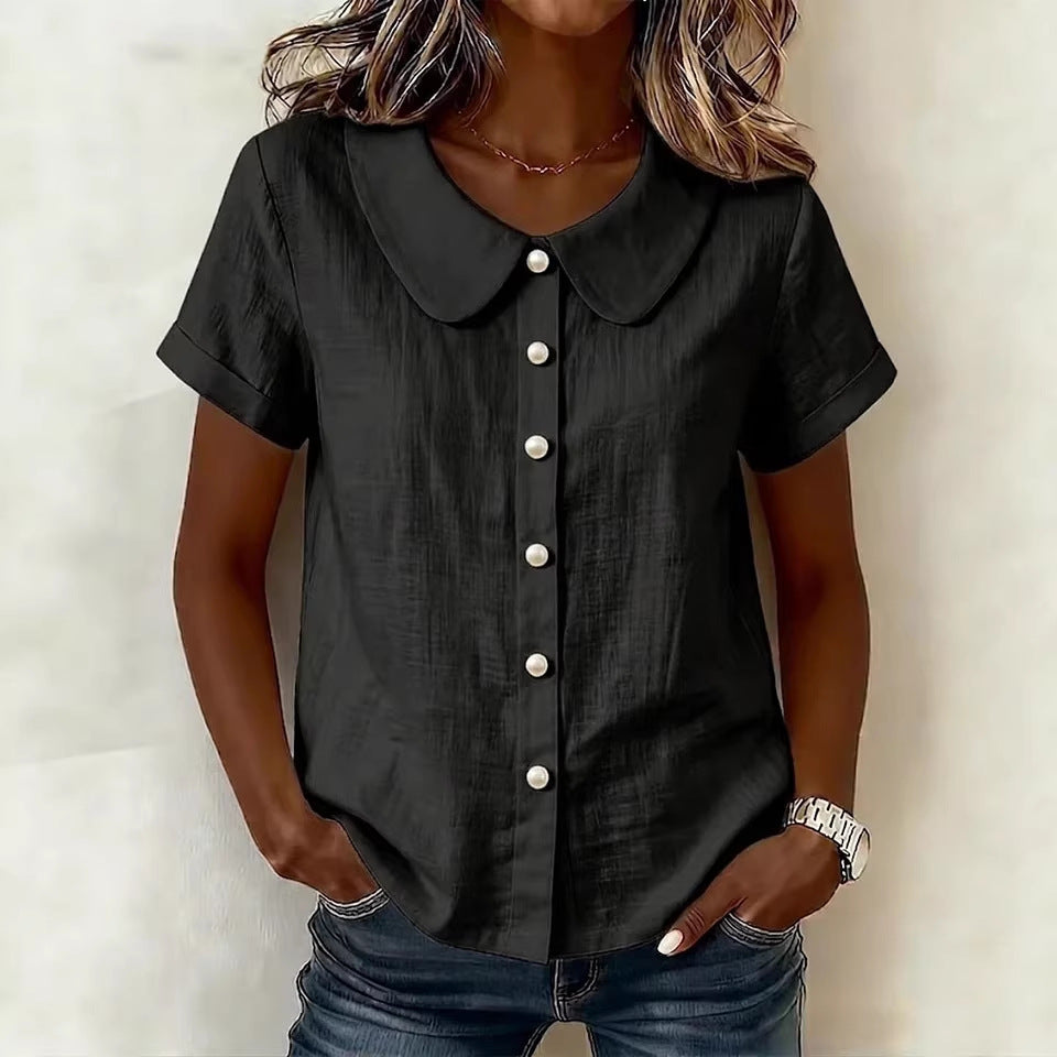 Women's Solid-Color Short-Sleeve Loose Casual Shirt – Lightweight Everyday Top