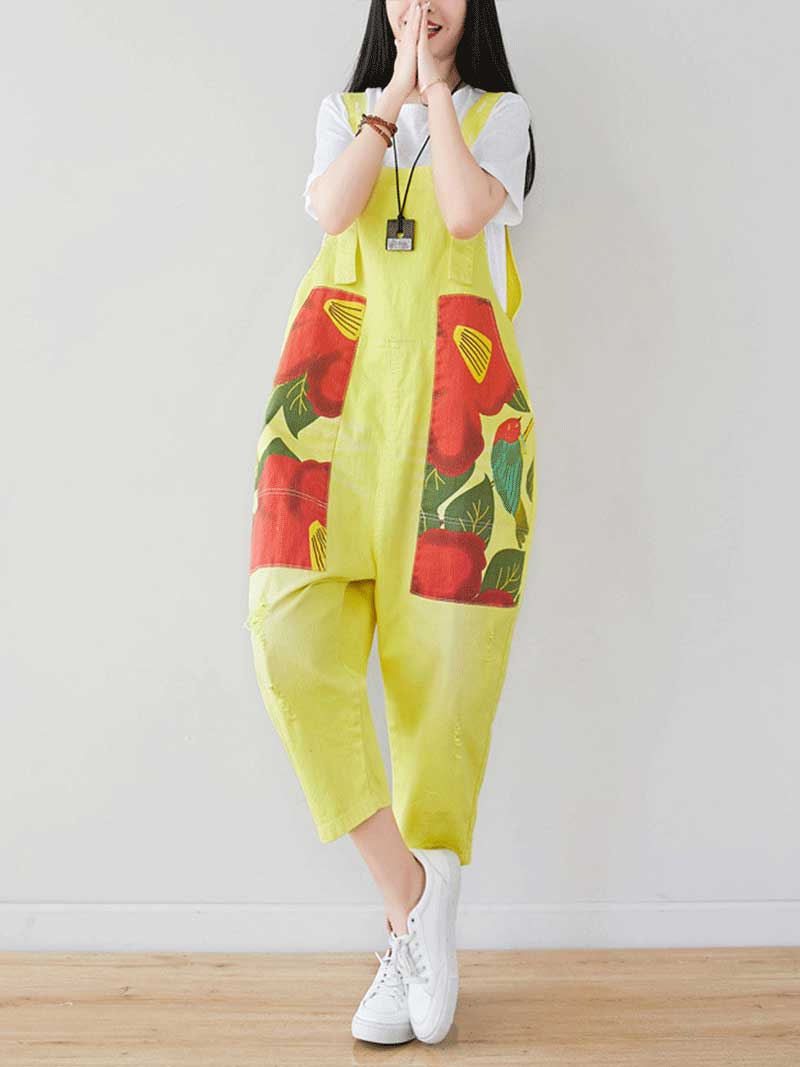 Patchwork Cropped Denim Dungarees with Side Pockets