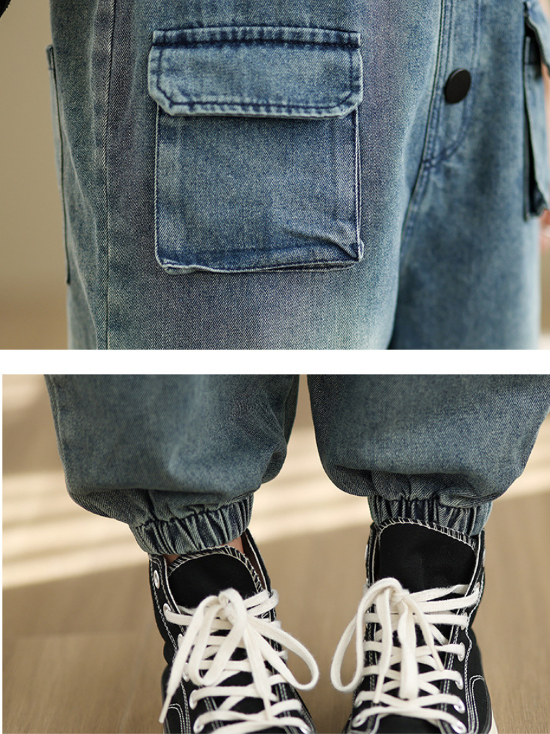 Loose Fit Women's Denim Overalls with Three Dimensional Pockets