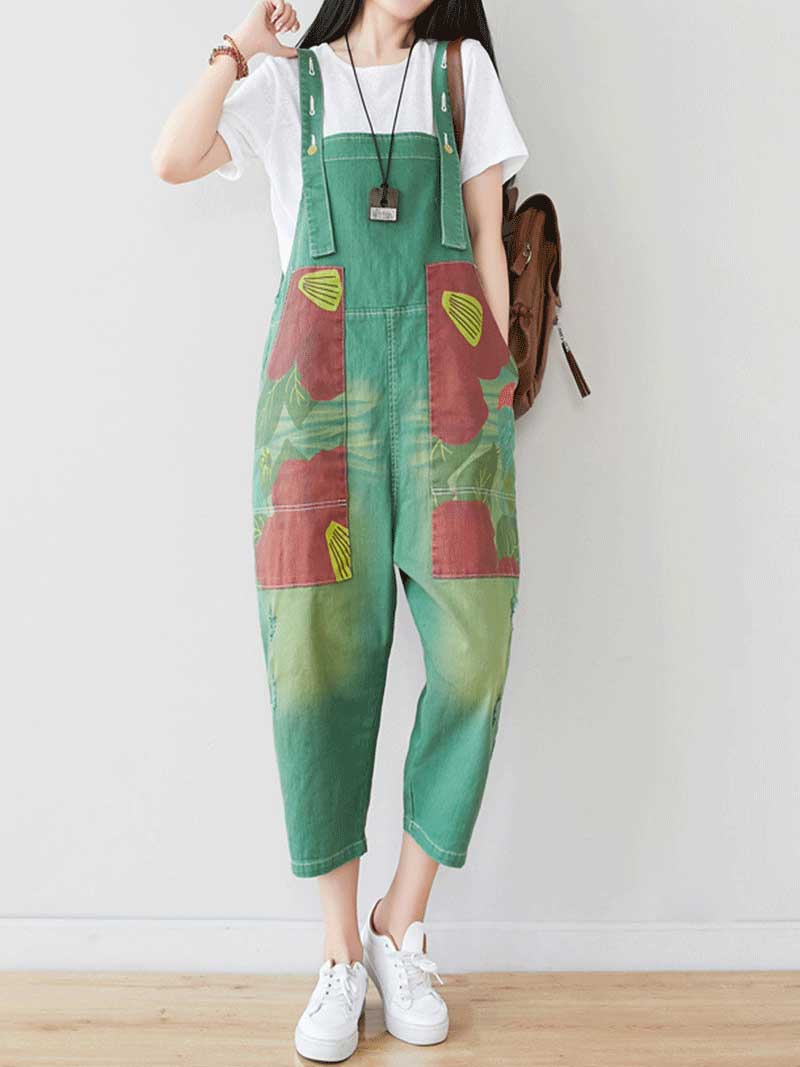 Patchwork Cropped Denim Dungarees with Side Pockets