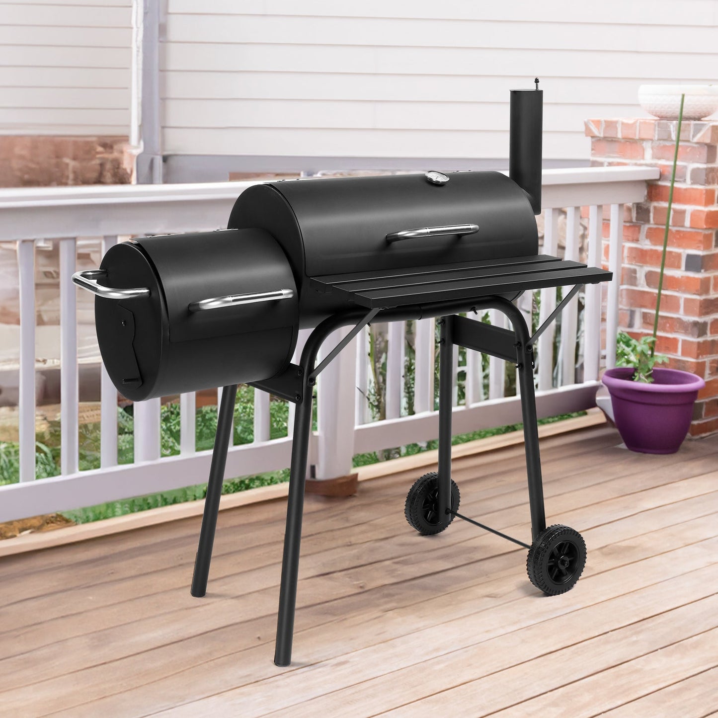 Barrel Charcoal Grill with Offset Smoker – Enamel Rack, Built-In Thermometer, Side Shelf & Wheels