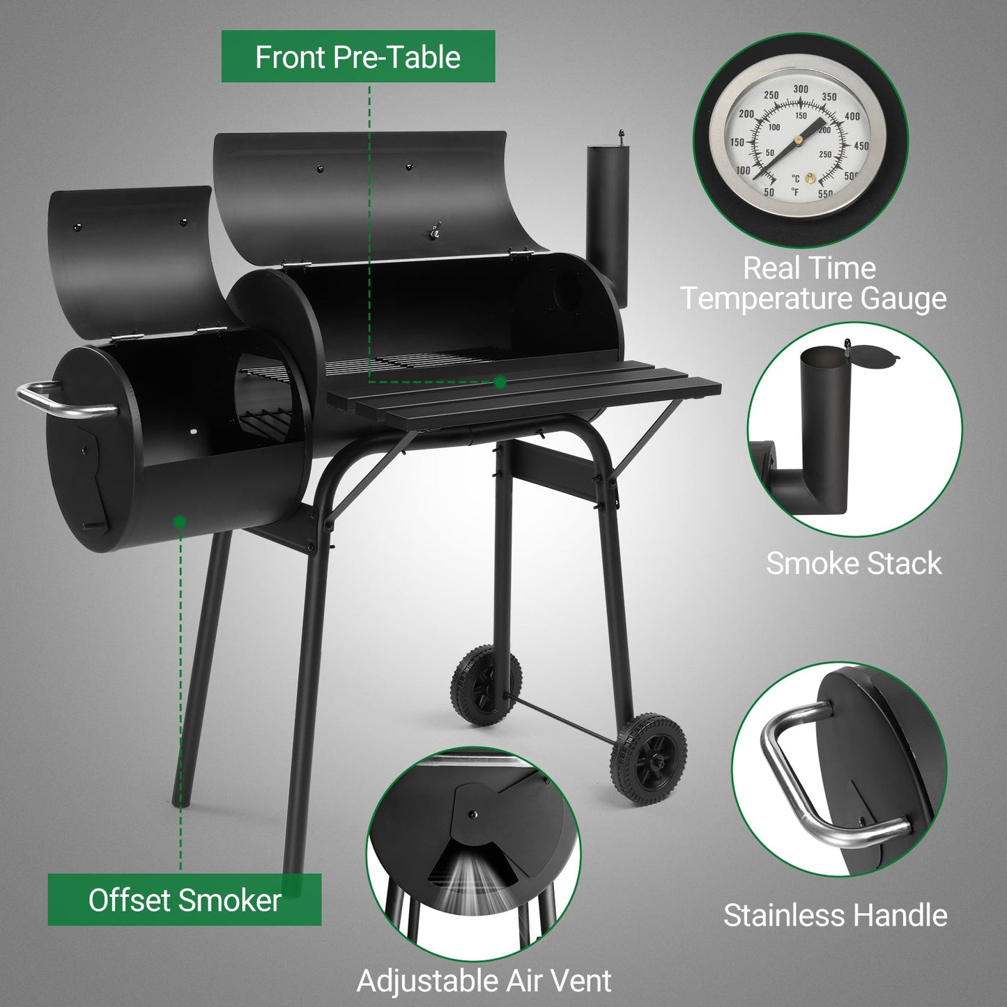Barrel Charcoal Grill with Offset Smoker – Enamel Rack, Built-In Thermometer, Side Shelf & Wheels