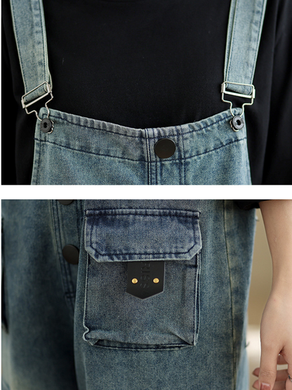 Loose Fit Women's Denim Overalls with Three Dimensional Pockets