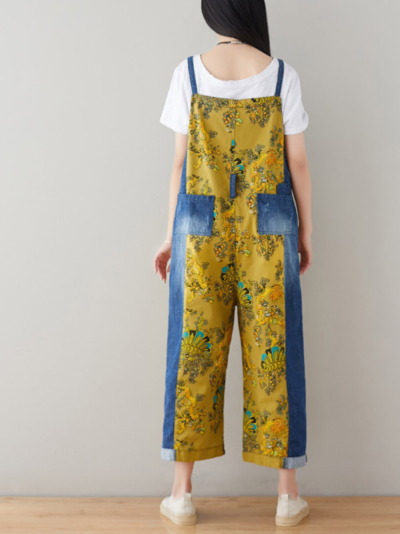 Boho Vintage Print Dungarees with Denim Panels - Cropped Loose Overalls
