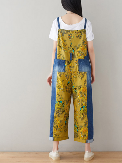 Boho Vintage Print Dungarees with Denim Panels - Cropped Loose Overalls