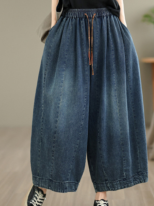 Vintage Denim Cotton Balloon Culotte Pants with Elastic Waist and Pockets