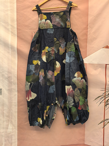 Flowy & Artistic Leaf Print Denim Dungarees for Women | Eva trends