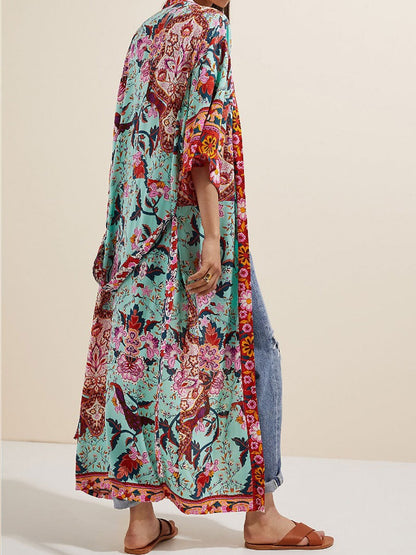 Nightwear Floral Print Green Color Cotton Long Length Gown Kimono Robe