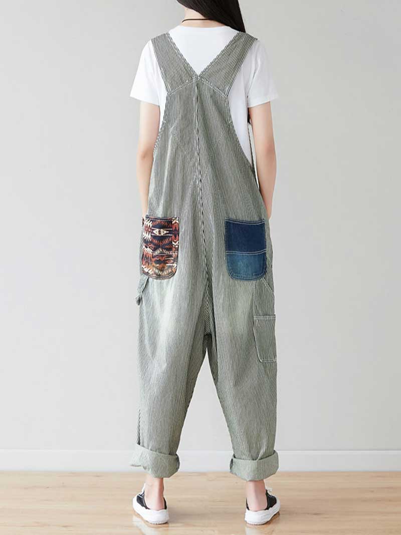 Grey Patch Denim Overalls with Adjustable Straps for Women