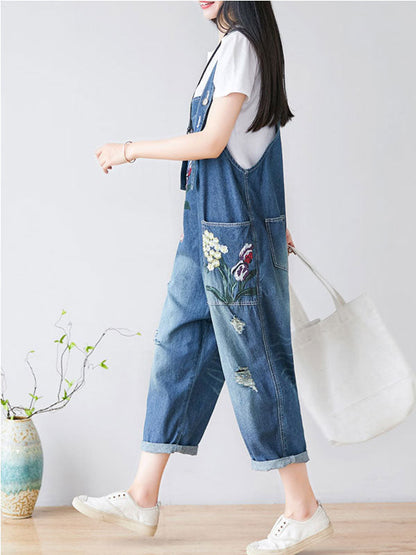 Floral Embroidered Denim Overalls - Relaxed Fit