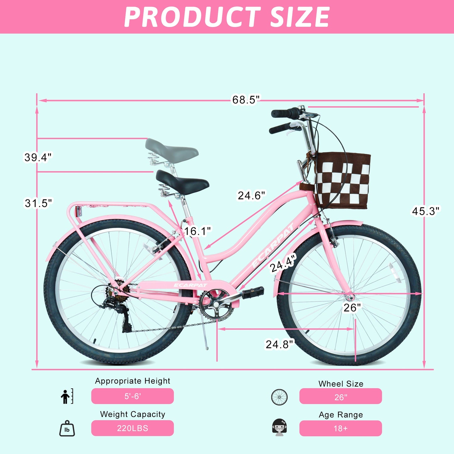 26" City Commuter Bike | 7-Speed, Detachable Basket, Built-In Lock & Rear Rack