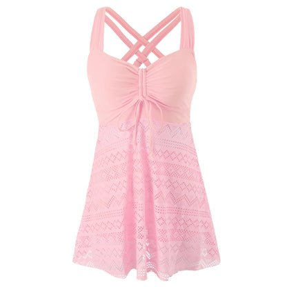 Women's Solid Color Lace One-Piece Swimsuit with Shorts – Korean Style
