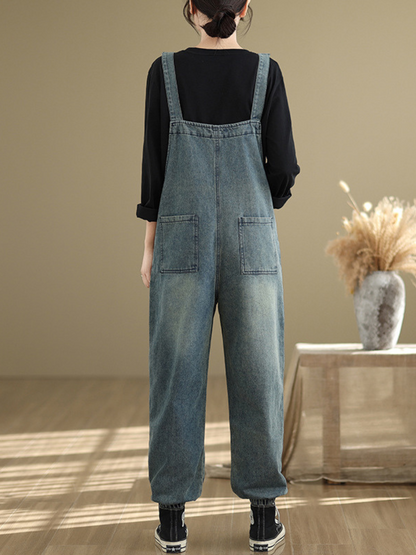 Loose Fit Women's Denim Overalls with Three Dimensional Pockets