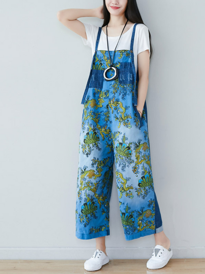 Boho Vintage Print Dungarees with Denim Panels - Cropped Loose Overalls