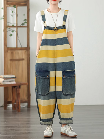 Trendy Striped Denim Cotton Overalls with Pockets - Eva Trends