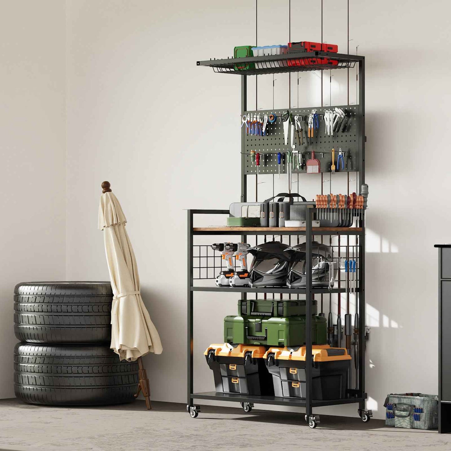 Rolling Fishing Rod & Tackle Organizer Cart with Pegboard – Multi-Tier, Lockable Wheels