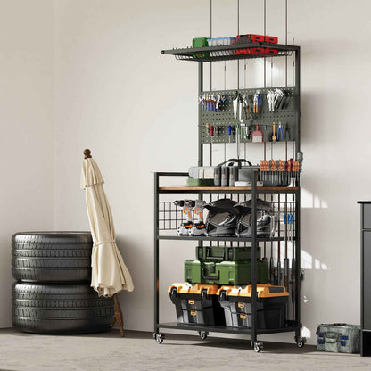 Rolling Fishing Rod & Tackle Organizer Cart with Pegboard – Multi-Tier, Lockable Wheels