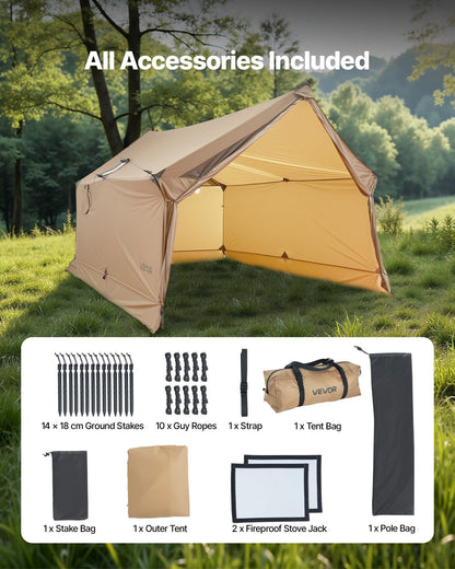 2-Person Cabin Hot Tent with Stove Jack – Pole-Free Lightweight Waterproof 4-Season Tent | Brown