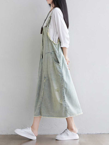 Women's Distressed Denim Midi Overall Dress - Comfortable Everyday | Eva Trends
