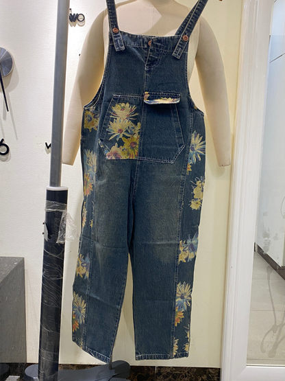 Sunflower Print Denim Dungarees - Utility Pocket Style