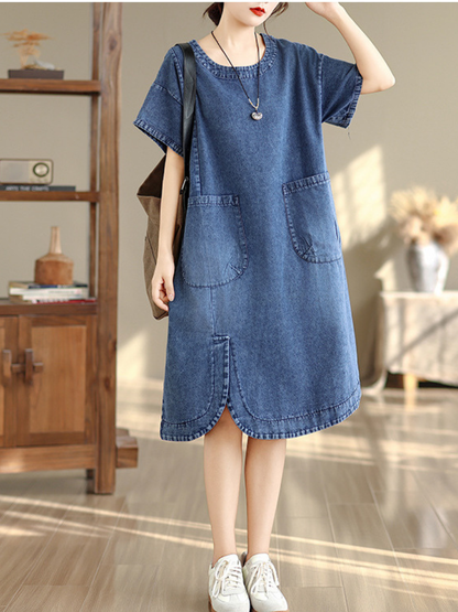 Relaxed Curved-Hem Denim Dress with Patch Pockets in Cotton A-Line