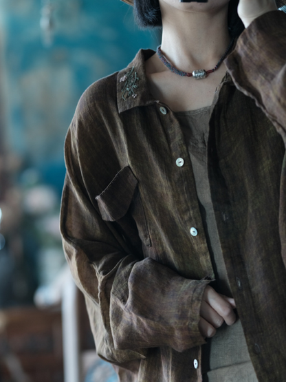 Women's Trendy Vintage Ramie Collar Hand-Embroidered Shirt Top