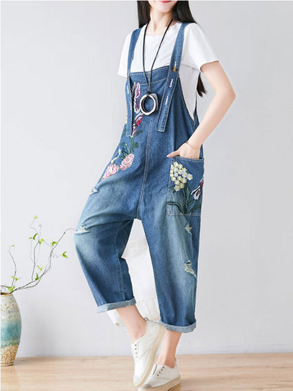 Floral Embroidered Denim Overalls - Relaxed Fit