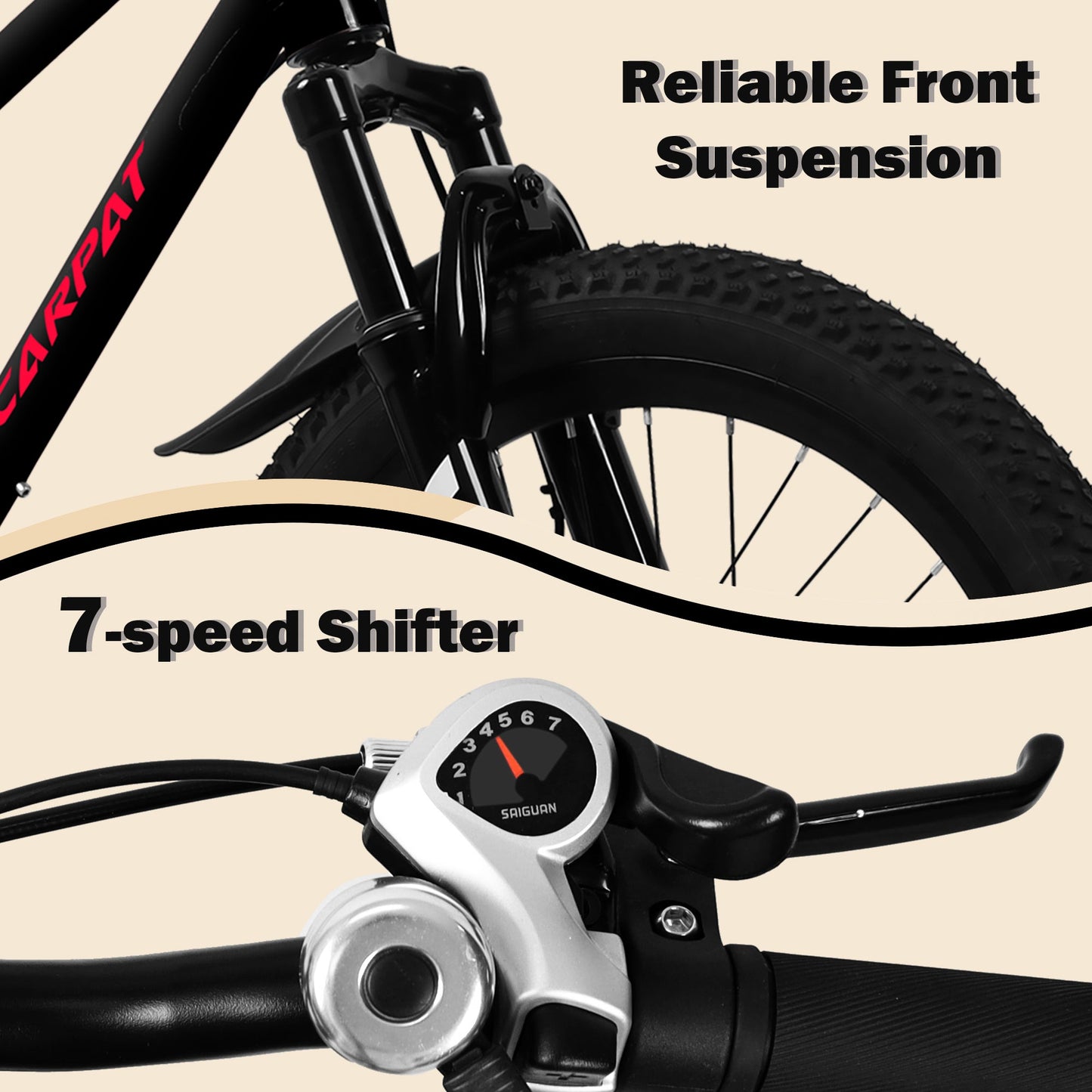 20" Kids Mountain Bike | Ages 6-12, 7-Speed, Front Disc Brake & Suspension