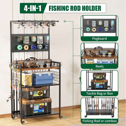 Rolling Fishing Rod & Tackle Organizer Cart with Pegboard – Multi-Tier, Lockable Wheels
