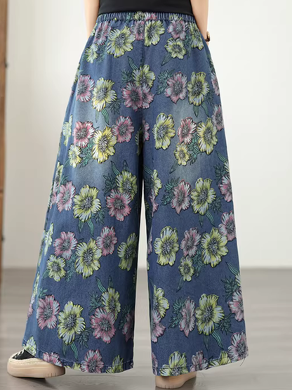 Floral Wide-Leg Denim Cotton Palazzo Pants with Pockets, Effortless Chic