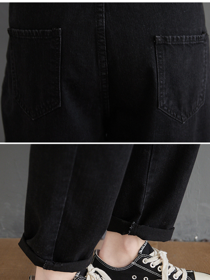 Women's Black Denim Overalls with Side Button Closure