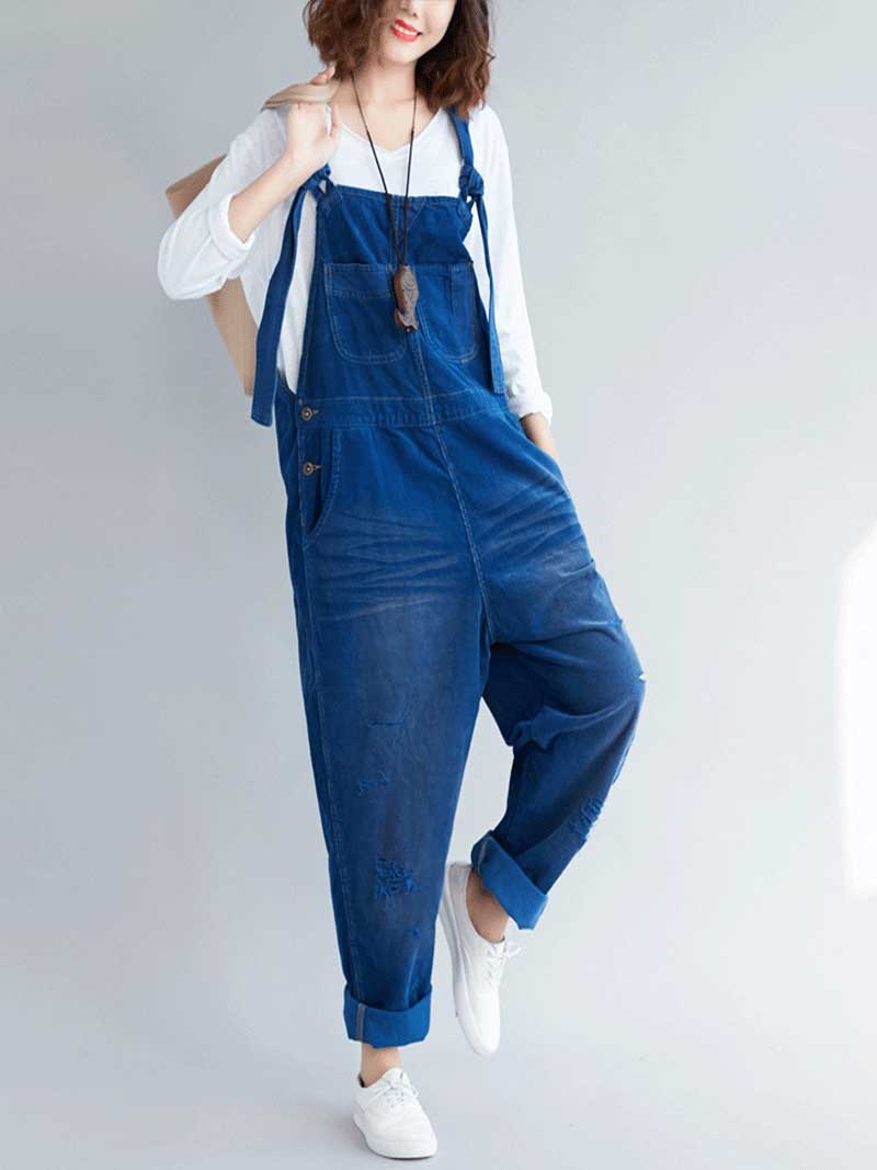 Vintage Washed Denim Dungarees with Knot Straps & Rolled Cuffs